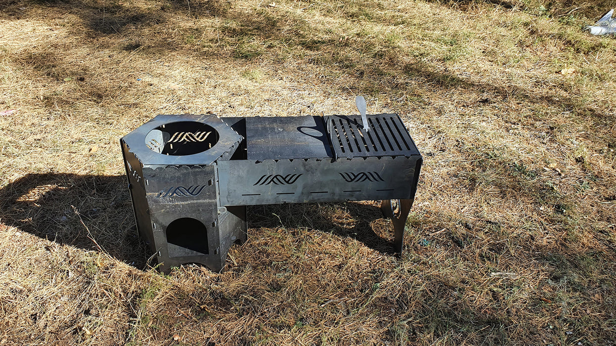 tourist stove with barbecue grill and skewers, campfire stove