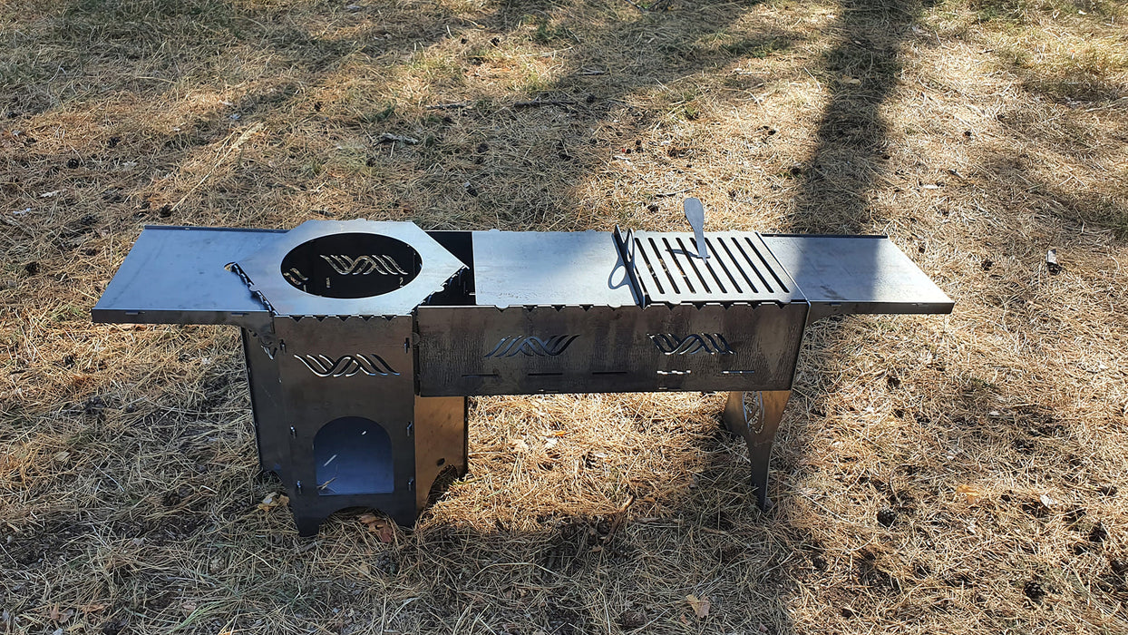outdoor stove with barbecue grill and shelves