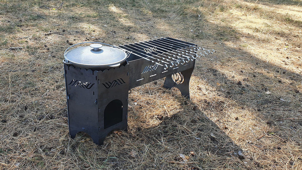 furnace cauldron with barbecue grill and skewers, bowler 
