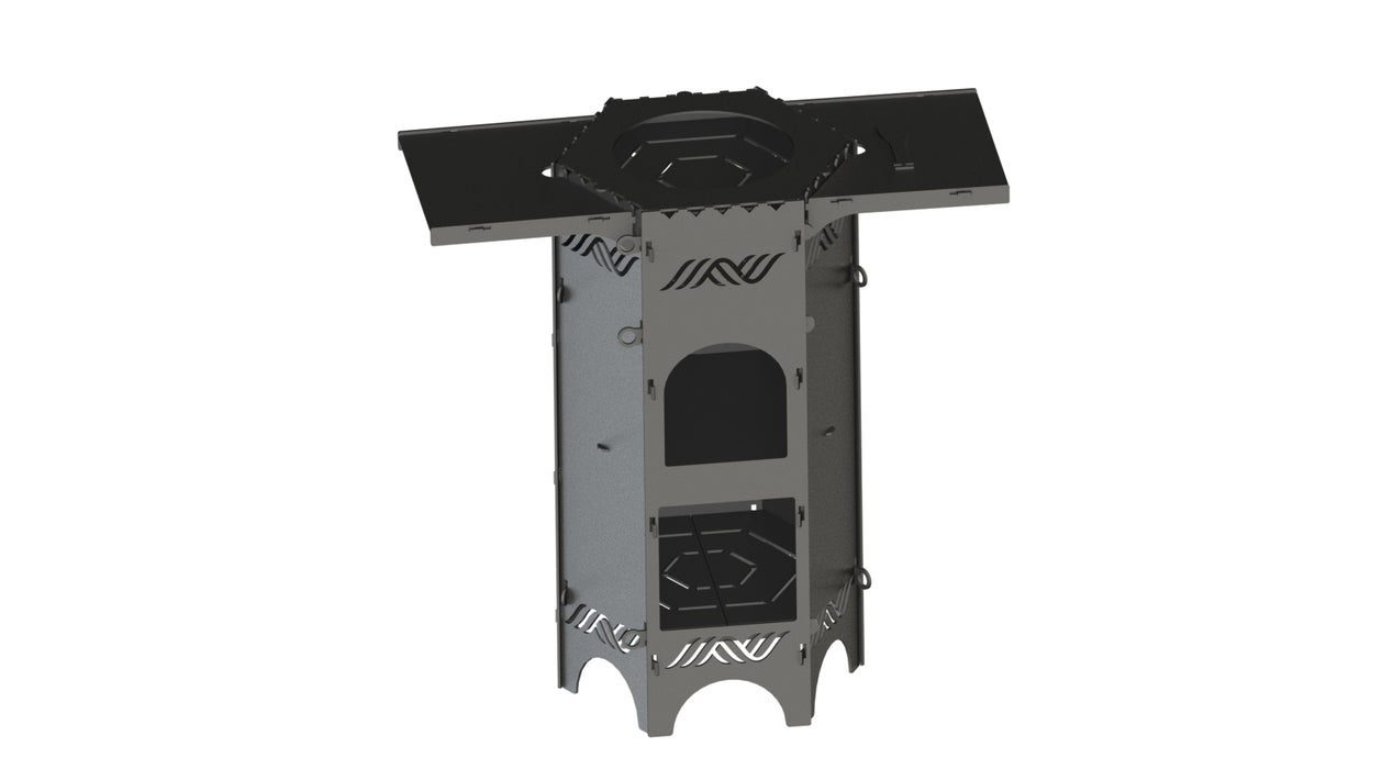 fire wood stove, folding camping stove high with shelves, outdoor stove high with shelves