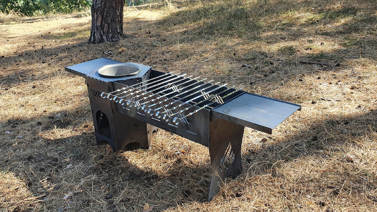 Collapsible backpacking stove with barbecue grill and shelves and skewers