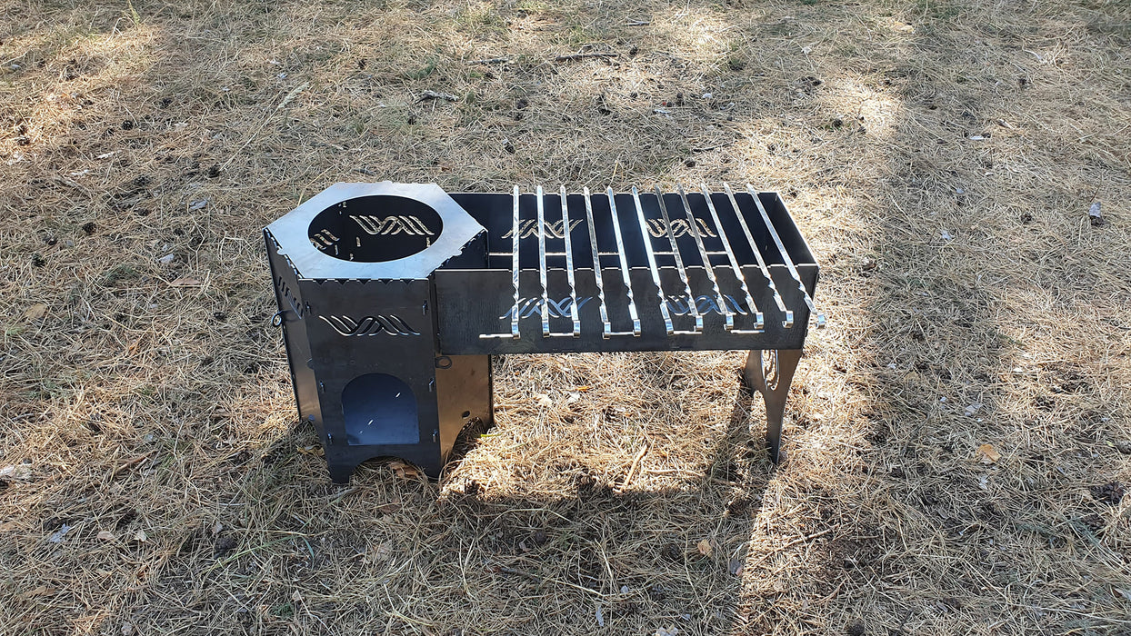 Collapsible backpacking stove with barbecue grill and skewers