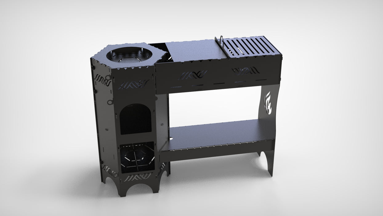 Picture - 11. Stove for Cauldron high with barbecue grill and shelves, DXF files for plasma, laser or CNC. Portable Camp Furnace for the Cauldron