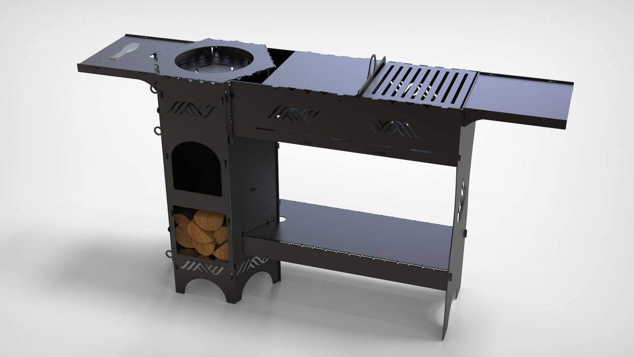 Picture - 3. Stove for Cauldron high with barbecue grill and shelves, DXF files for plasma, laser or CNC. Portable Camp Furnace for the Cauldron