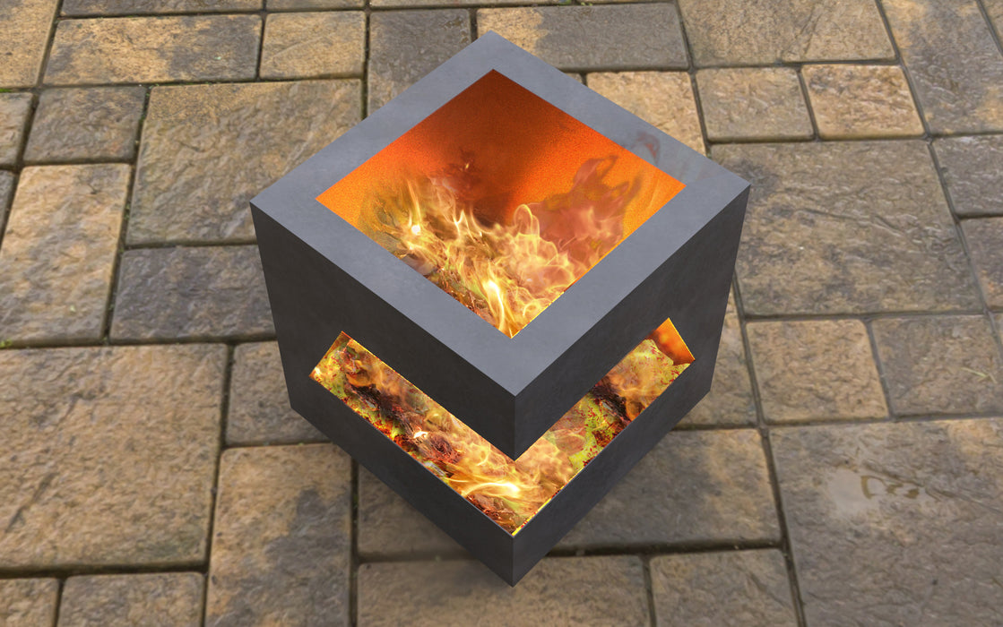 Picture - 6. Modern cube with cutout Fire Pit. Files DXF, SVG for CNC, Plasma, Laser, Waterjet. Garden Fireplace. FirePit. Metal Art Decoration.