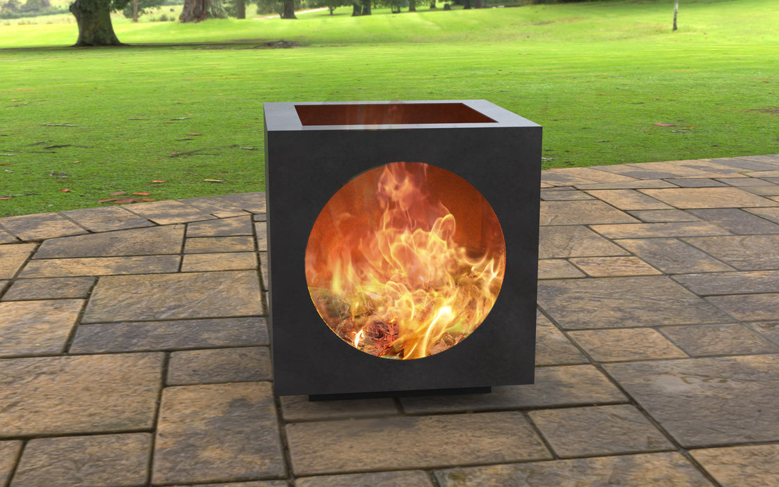 Picture - 1. Modern cube with circle cutout Fire Pit. Files DXF, SVG for CNC, Plasma, Laser, Waterjet. Garden Fireplace. FirePit. Metal Art Decoration.